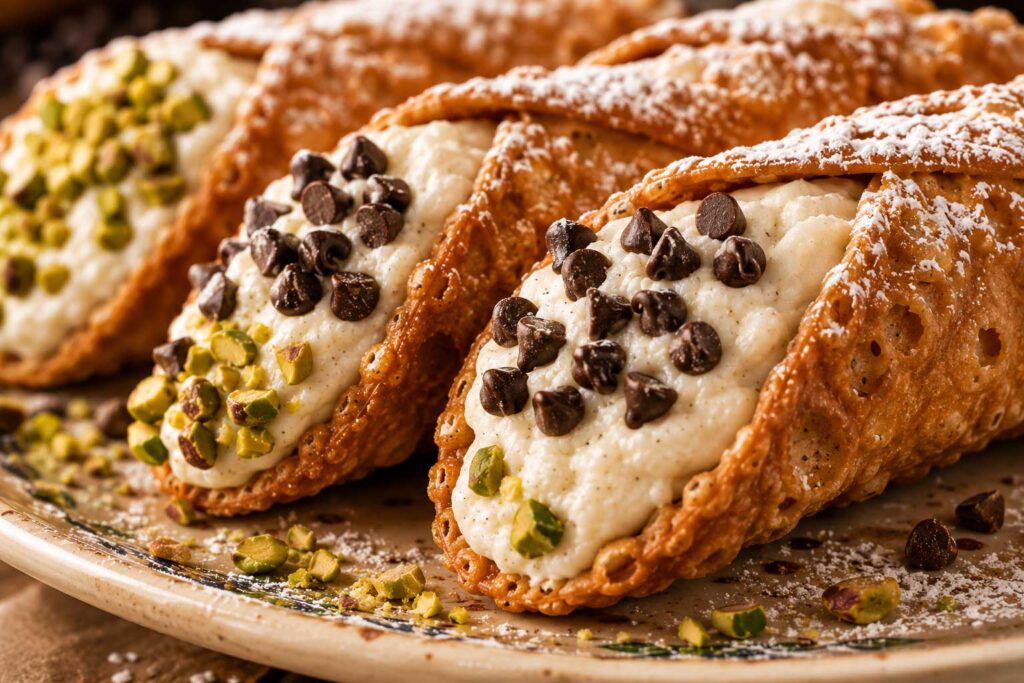 Delicious cannoli with creamy toppings