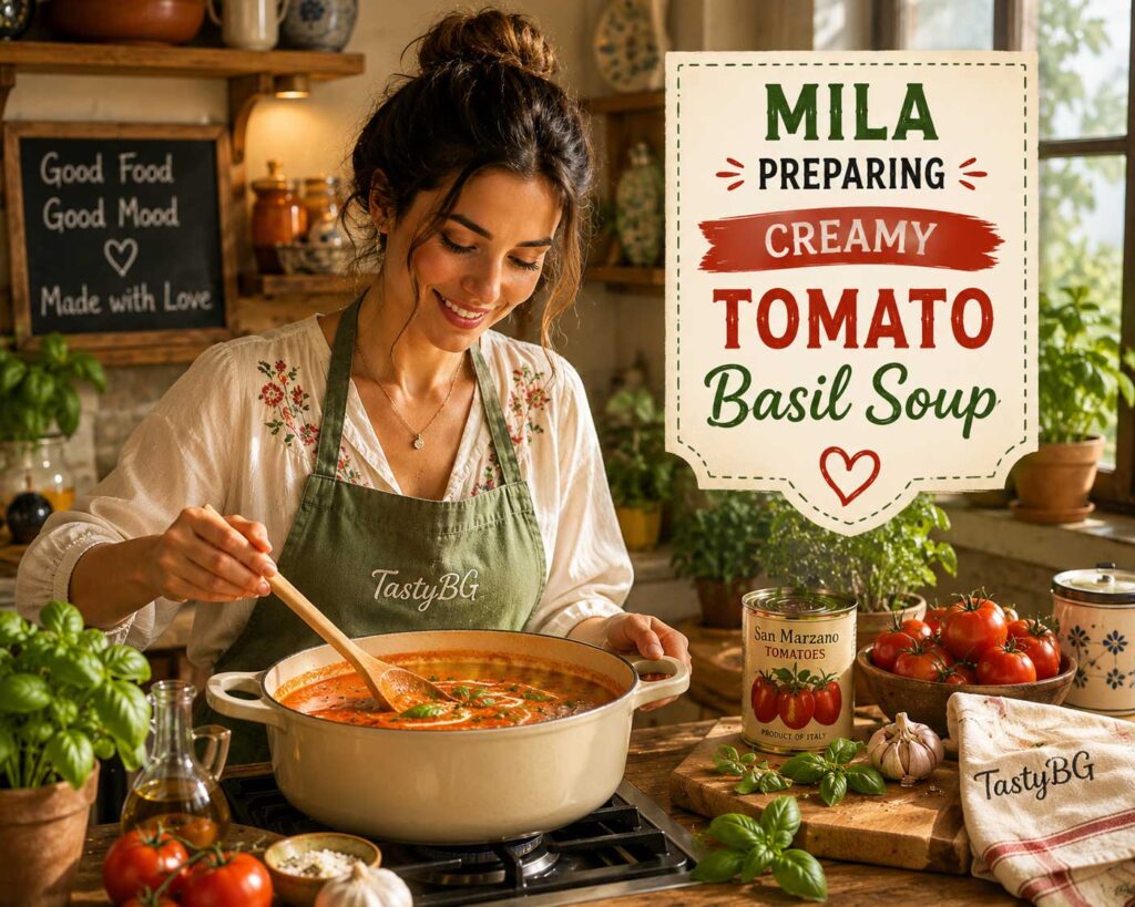Making creamy tomato basil soup recipe