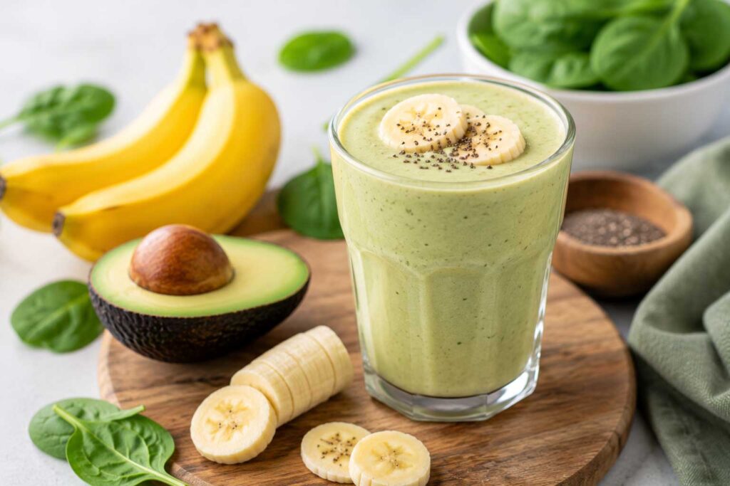 Fresh avocado-banana smoothie and ingredients