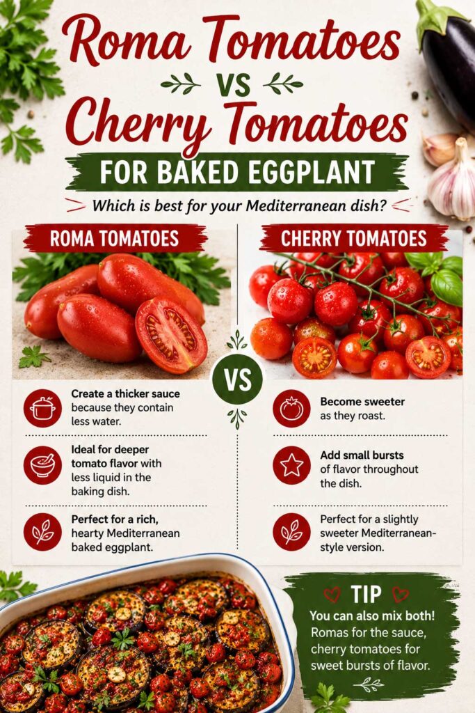 Roma vs cherry tomatoes for eggplant with tomatoes and paprika