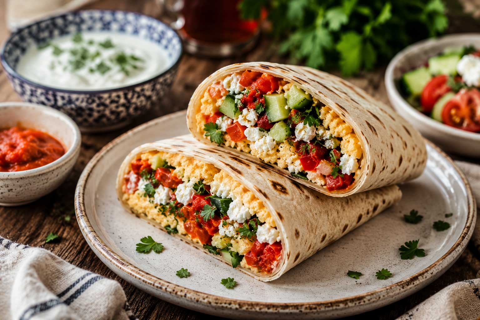 balkan breakfast wrap recipe with herbs and sauce