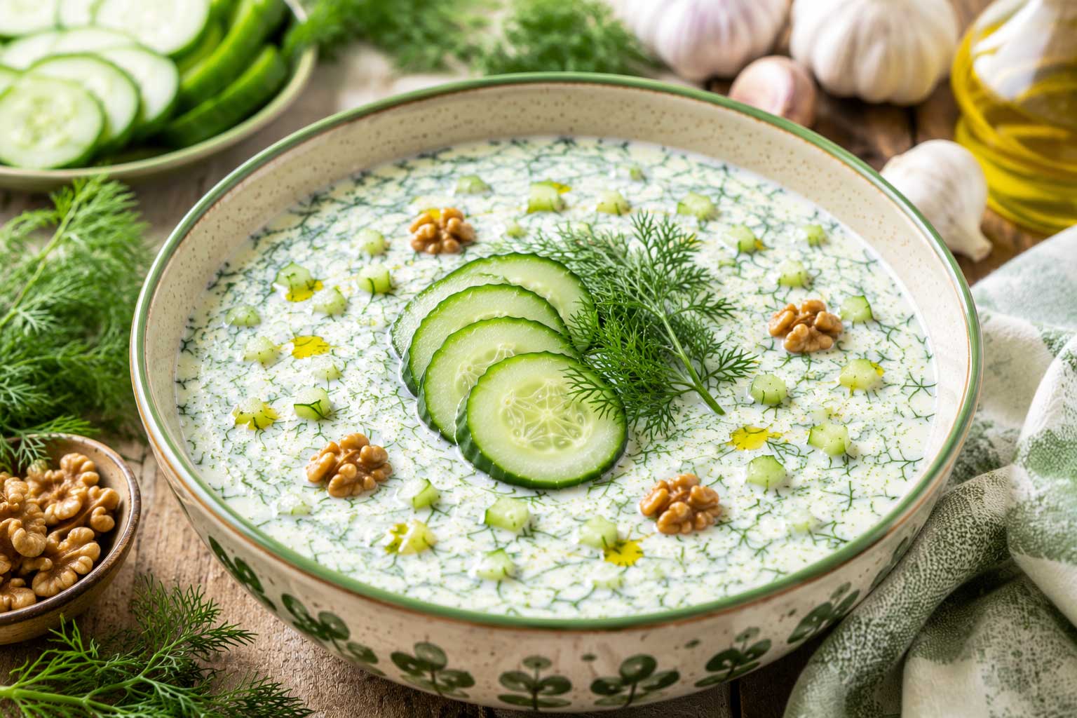 Close up of authentic Bulgarian tarator made with yogurt cucumber dill and walnuts