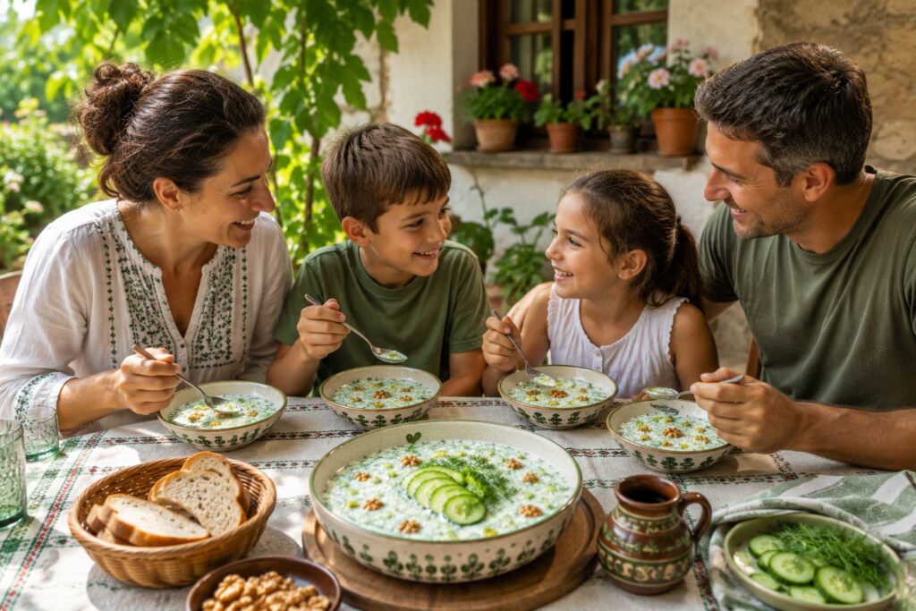 Family enjoying traditional Bulgarian tarator outdoors during summer