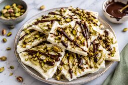 frozen pistachio yogurt bark with chocolate