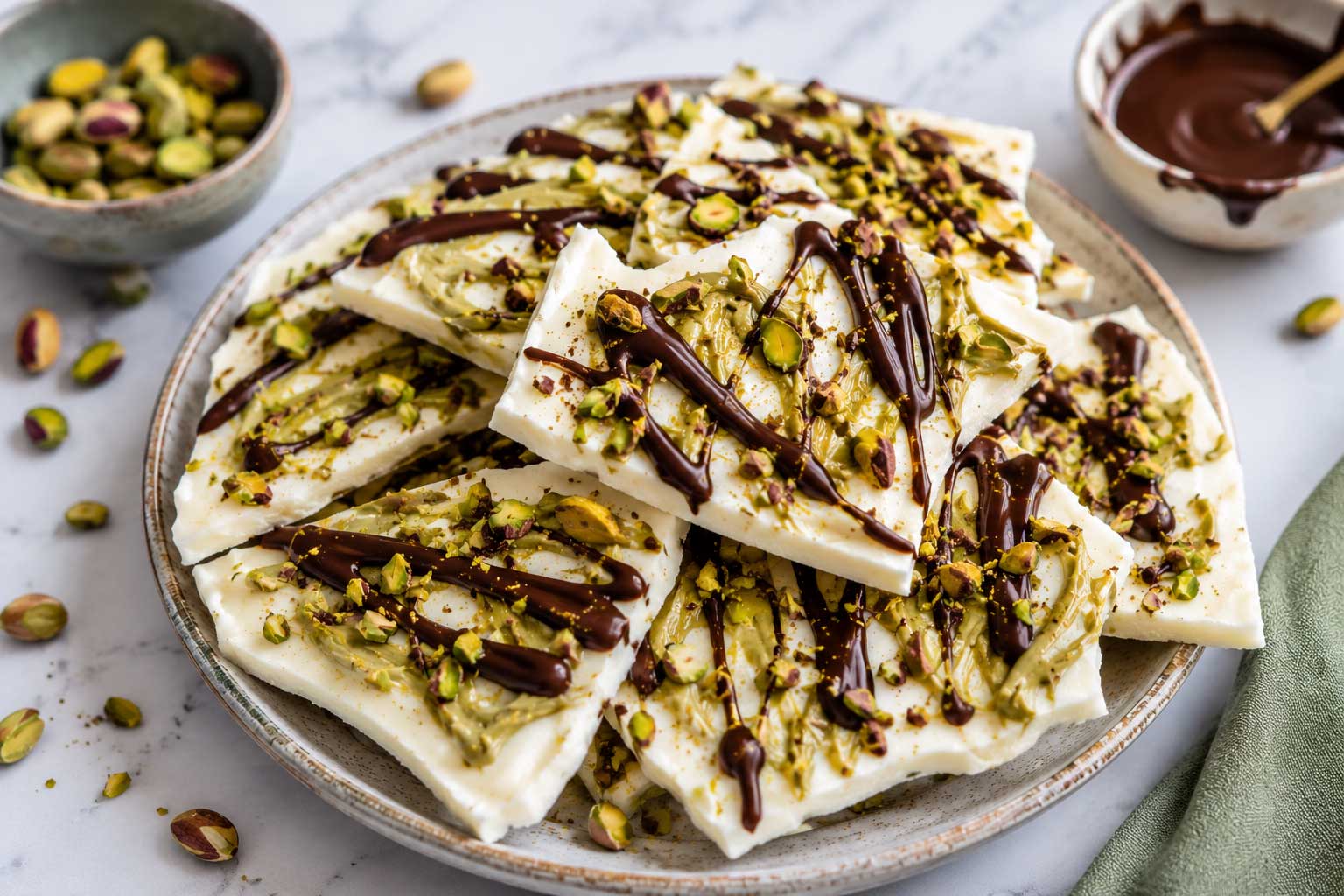 frozen pistachio yogurt bark with chocolate
