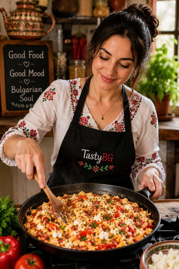 Mila stirring traditional Bulgarian Mish Mash in a cast iron skillet